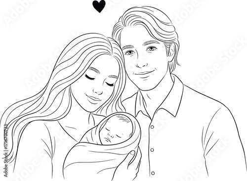 Beautiful happy family portrait with mother father and newborn baby wrapped in blanket, love heart symbol, line art drawing, minimalist vector illustration