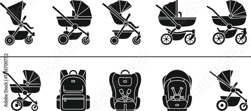 Baby stroller and diaper bag icons, parenting essentials, baby transport set, vector illustration, black silhouette, modern parent gear, child care tools, nursery accessories