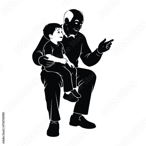Grandfather and child sharing a moment sitting pointing