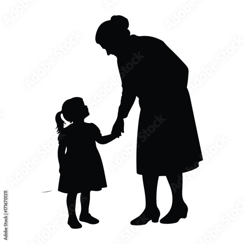 Grandmother and child holding hands silhouette black and white