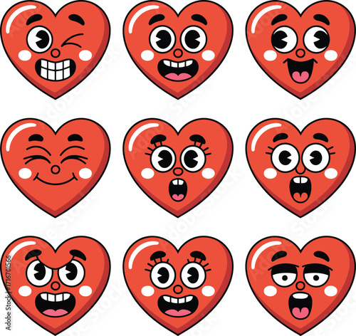 Red Cartoon Hearts 3x3 Grid Illustration – Expressive Faces Showing Various Emotions