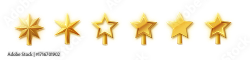 Christmas gold tree topper vector. 3d realistic golden star decoration in deco style, decorative traditional shiny design for top of Xmas pine tree in winter season isolated on white.