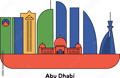 Abu Dhabi Cityscape Silhouette with Colorful Buildings on Transparent Background for Travel Designs