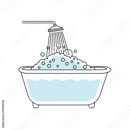 Hand drawn bathtub filling with bubbles and shower water vector