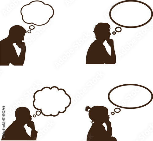 Four diverse silhouettes contemplating with empty thought bubbles silhouette