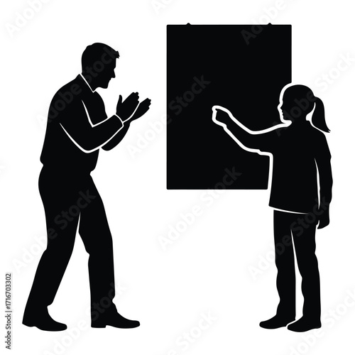 Man clapping woman pointing at board silhouette