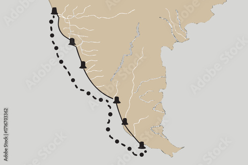 Map of South America with Coastal Route and Bells continent ocean