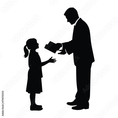 Man gives book to girl silhouette woman