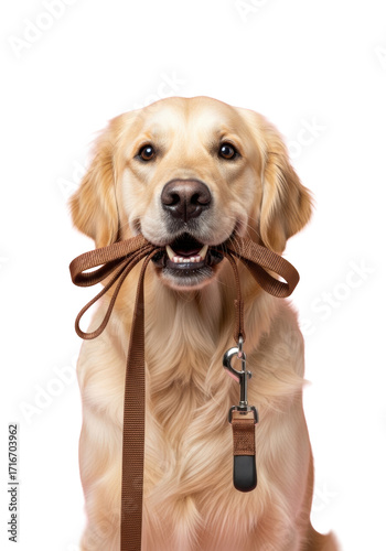 Happy adult golden retriever with luxurious golden fur holding brown leash with silver clasp, looking eager on pastel pink studio background with copy space, high-key pet portrait concept