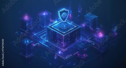 Digital data security concept with isometric microchip and shield on blue background