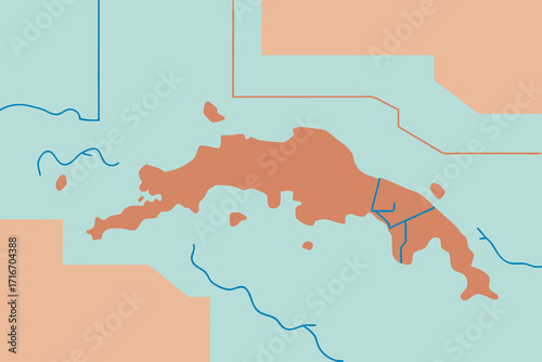 Abstract map illustration with orange landmass light blue