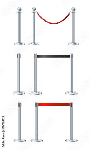 Retractable belt rack. Portable tape barrier. Red tape for fencing. Red carpet with red ropes on silver supports. Exclusive event, movie premiere, gala concert, awards ceremony.