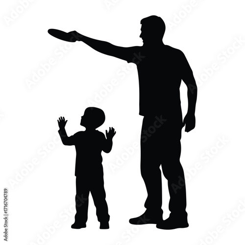 Man throwing frisbee to child silhouette