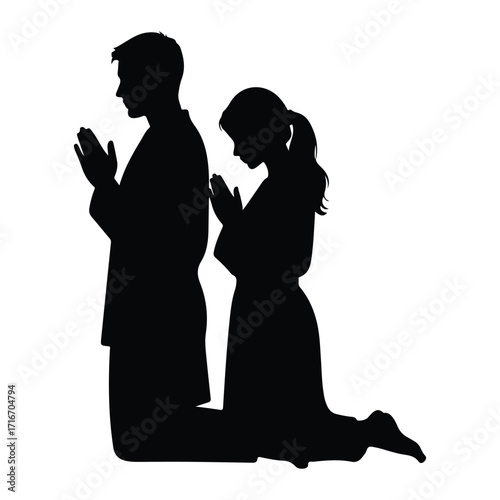 Man woman praying together kneeling couple hands together