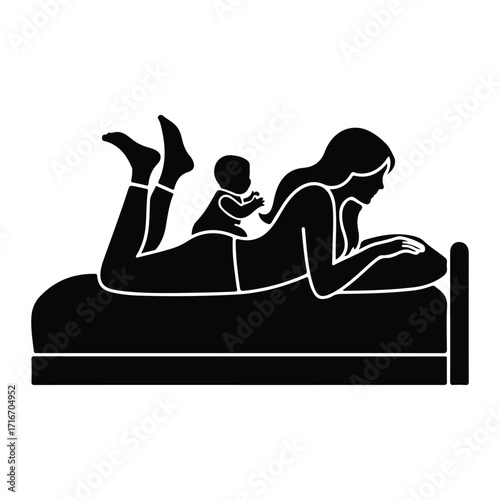 Mother and baby resting on bed infant child