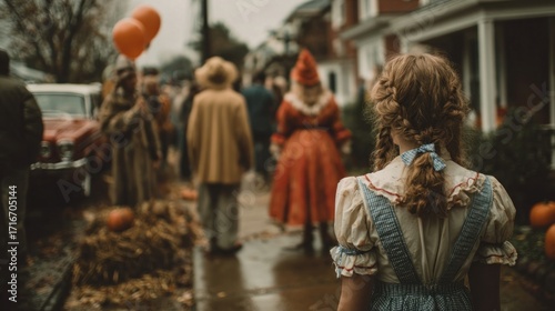 Rear view of a family dressed up in costume for Halloween
