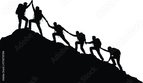 Teamwork climbing mountain silhouettes, group hike, mountaineering success, outdoor adventure, hiking team, peak achievement, collaboration
