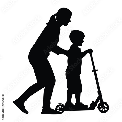 Mother and child on scooter daughter