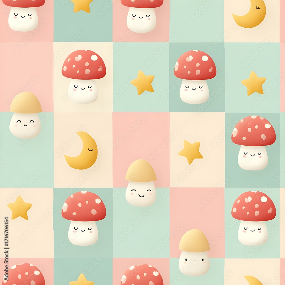 Fototapeta premium Seamless pastel kids pattern with cute mushrooms and smiling stars on checkered background