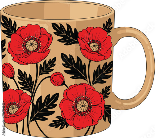 Beige ceramic mug with red poppy floral design, artistic flower illustration, botanical kitchen decor, vintage tea cup, nature-inspired gift