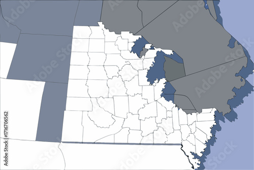 Map of US States with County Lines and Shaded Regions United States counties