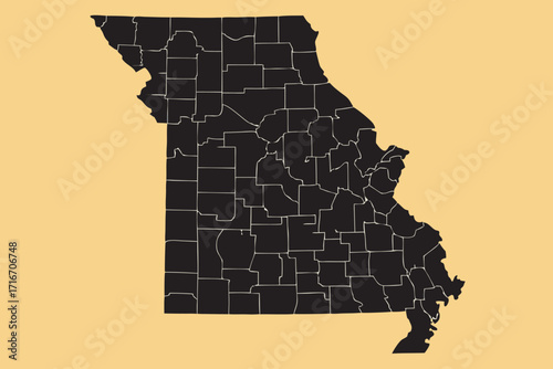 Map of Black Silhouette of Missouri State with County Lines on Yellow Background United States