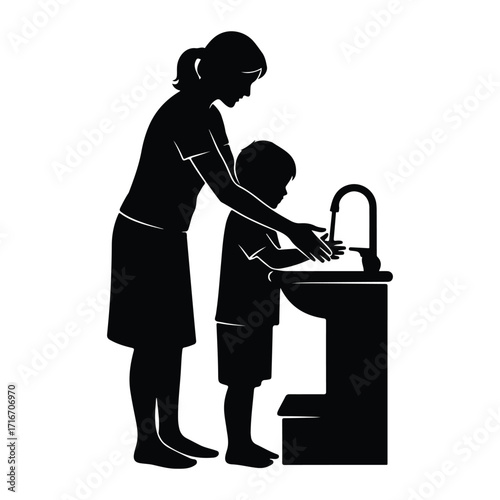 Mother and child washing hands at sink faucet