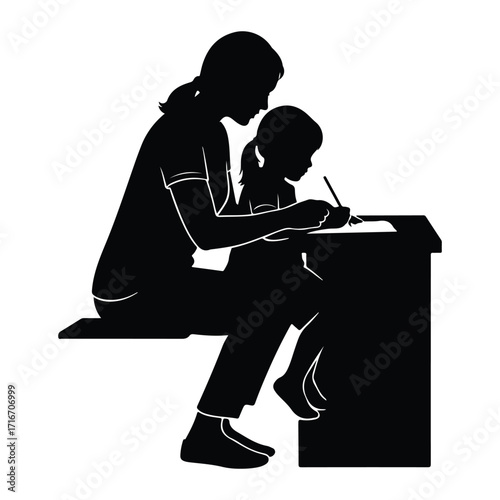 Mother and child writing at desk learning