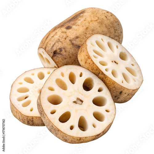 Lotus Root Slices and Whole Root on Black Background Keywords: lotus root, root vegetable