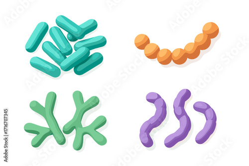 Probiotics bacteria 3d icon set. Gut microbiota with healthy prebiotic bacillus, lactobacillus, bifidobacteria. Microorganisms for digestive system. Gut flora health vector.