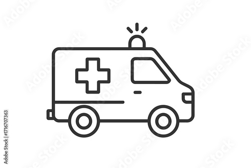 Ambulance icon vector line art. Emergency medical vehicle for patient transport. Paramedic rescue service symbol. Hospital, clinic, and healthcare assistance sign illustration.