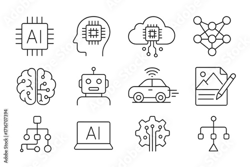 Artificial intelligence line icons set. AI technology. Machine learning, neural network, robot, processor chip, autonomous car, generative art, data science vector graphic.