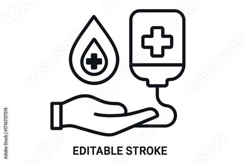 Blood donation icon. Medical care and support. Health service concept. Humanitarian aid. Hand holding blood drop and IV transfusion bag. Charity and life saving. Line art vector.