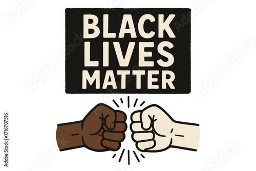 Black lives matter poster banner. Racial equality concept. Anti-racism solidarity protest. Black and white hand fist bump. Social justice movement against discrimination.