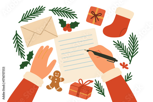 Hands writing a Christmas letter to Santa Claus. Top view of festive table with gifts, envelope, stocking, holly, and gingerbread man. Xmas holiday wish list concept.