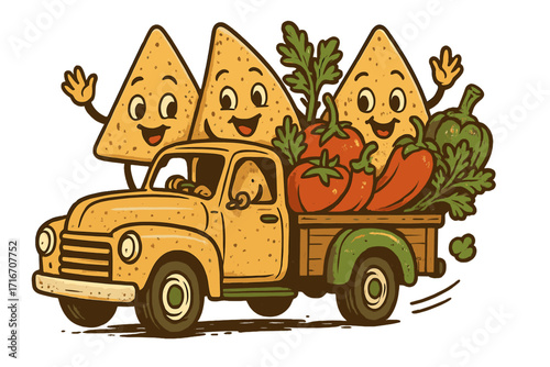 Funny retro nacho characters in a pickup truck with fresh vegetables for salsa sauce. Mexican food concept with cute cartoon tortilla chip mascots. Vector illustration.