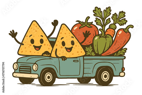 Cute retro nacho characters driving a pickup with fresh vegetables for salsa sauce. Vector vintage mascot illustration. Mexican food concept. Funny cartoon tortilla chips.