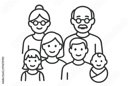 Extended family line icon with parents, children, and grandparents. Multi-generational group concept. Vector for generational diversity, family bonds, lineage, and togetherness.