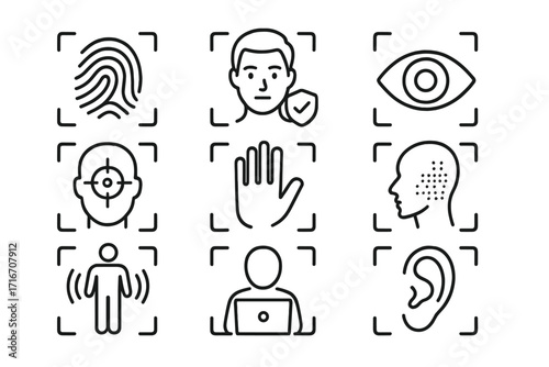 Biometrics icon set thin line. Face recognition, fingerprint scan, eye scanner security. Technology for verification. Personal ID authentication. Biometric identification access control.