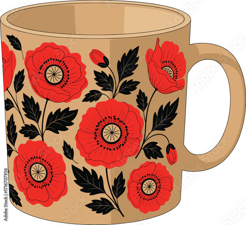 Ceramic, Mug, Floral, Design, Red, Poppy, Flowers, Beige, Background, Glossy, Cup, Handmade, Artistic, Tableware, Drinkware, Vintage, Kitchen, Pattern, Decorative, Style
