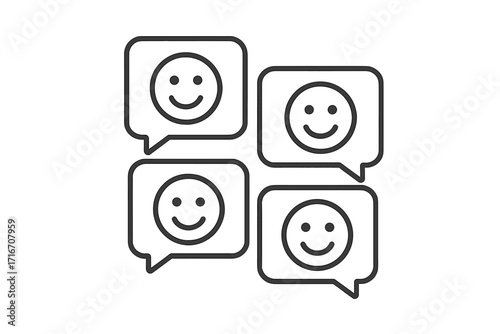 Four happy faces in speech bubbles icon for positive feedback, social interaction, joyful communication. Customer review, satisfaction rating, support. Thin line vector illustration.