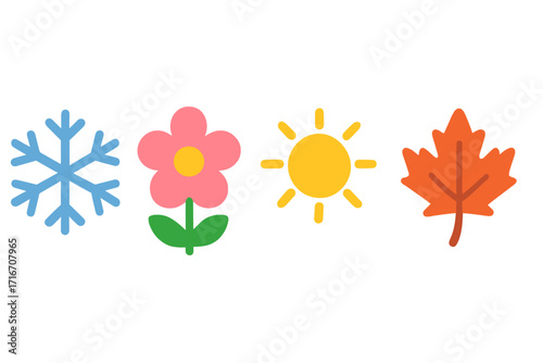 Four seasons icon set. Vector illustration collection of seasonal symbols. Winter snowflake, spring flower, summer sun, autumn fall maple leaf. Flat graphic design element.