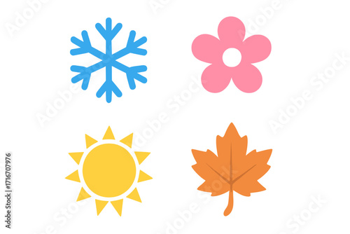 Four seasons icon set. Winter, spring, summer, autumn symbols. Flat vector graphic elements. Snowflake, flower, sun, and maple leaf illustrations. Weather concept design.