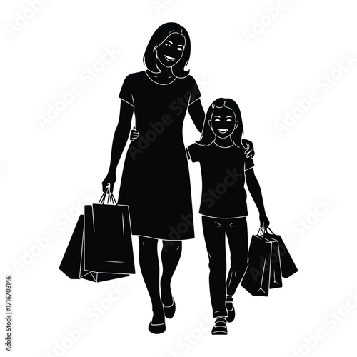 Mother daughter shopping bags happy vector