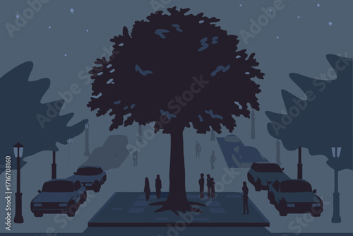 Nighttime City Park Scene with Chessboard and Silhouettes tree map of