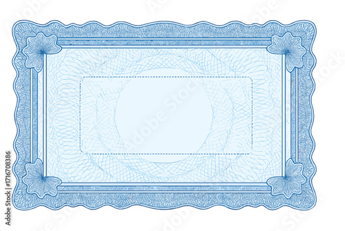 Gift certificate voucher template with guilloche pattern and border. Background for coupon, banknote, money design, currency, note, check, ticket of value, award, or diploma.