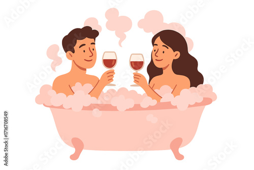 Couple in love drinking red wine in a bubble bath. Happy young man and woman characters enjoying a romantic date in a bathtub. Relationship, spa, and leisure concept.