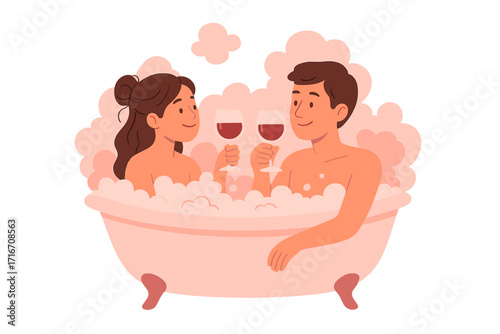 Couple in love taking a bubble bath together, drinking red wine. Man and woman characters enjoying a romantic date night in a bathtub with foam. Romance and love concept.