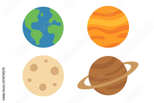 Planet vector icon set. Solar system cartoon collection with Earth, Moon, Saturn, Jupiter. Flat illustration for astronomy, science, education. Isolated space objects for design.