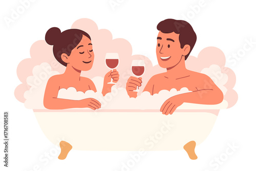 Romantic couple taking bubble bath together, drinking red wine. Man and woman in love in bathtub. Romance, date night, anniversary celebration. Spa relaxation, wellness vector.